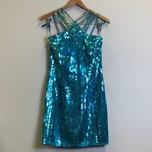 Robert Anthony Strappy Teal Sequin Mini Dress